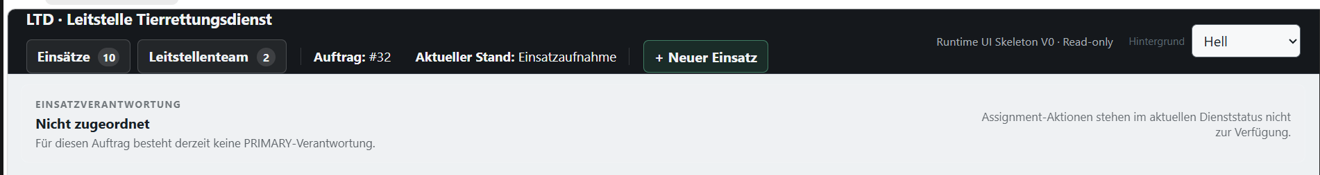 Anonymisierte Entwicklungsansicht der LTD-Leitstellenoberfläche